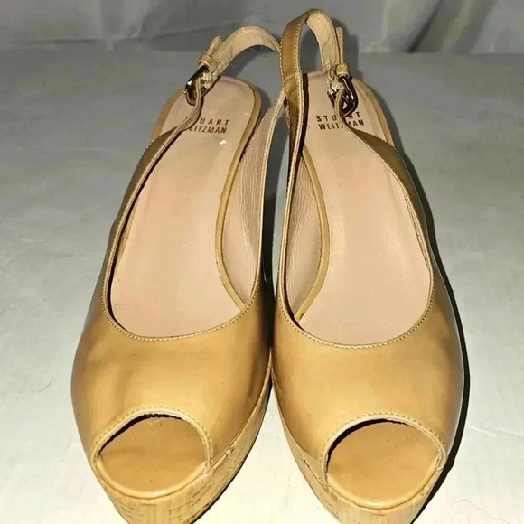 Stuart Weitzman Nude Patent Leather Cork‎ Wedges Sz 8.5 M - Picture 1 of 10